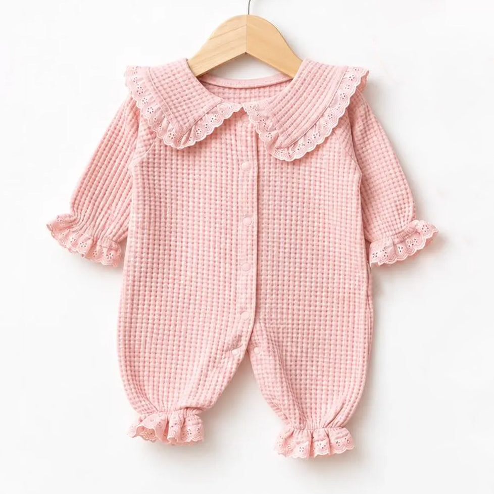 2PCS Sweet Solid Color Waffle Long Sleeve Baby Girl Jumpsuit