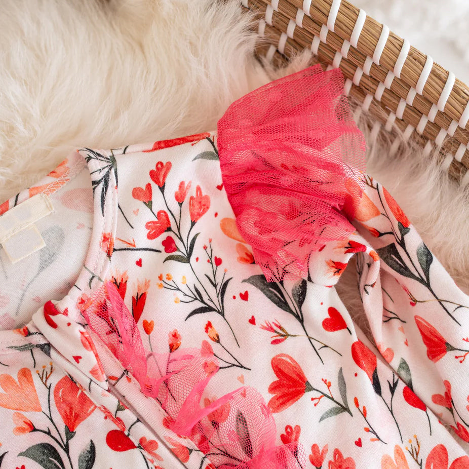 2PCS Vibrant Floral Print Tulle Zipper Long Sleeve Baby Jumpsuit