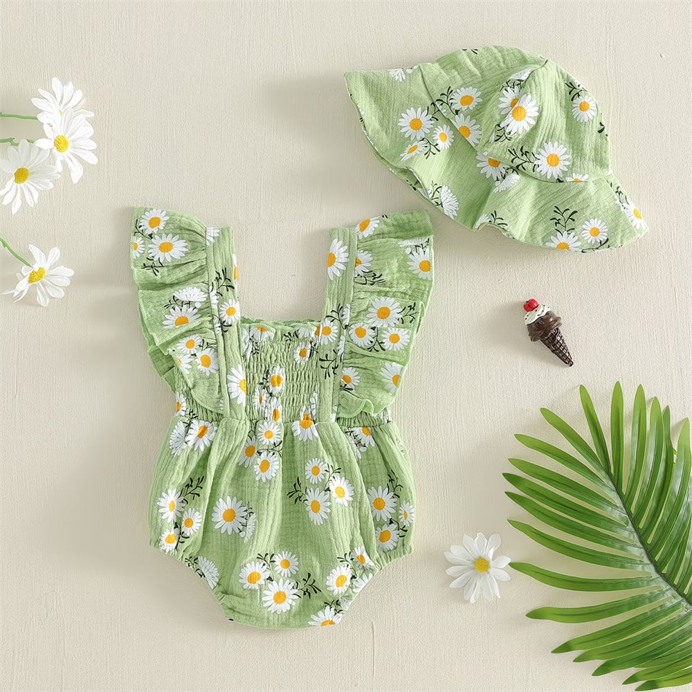 2PCS Cute Daisy Printed Fly Sleeve Baby Romper
