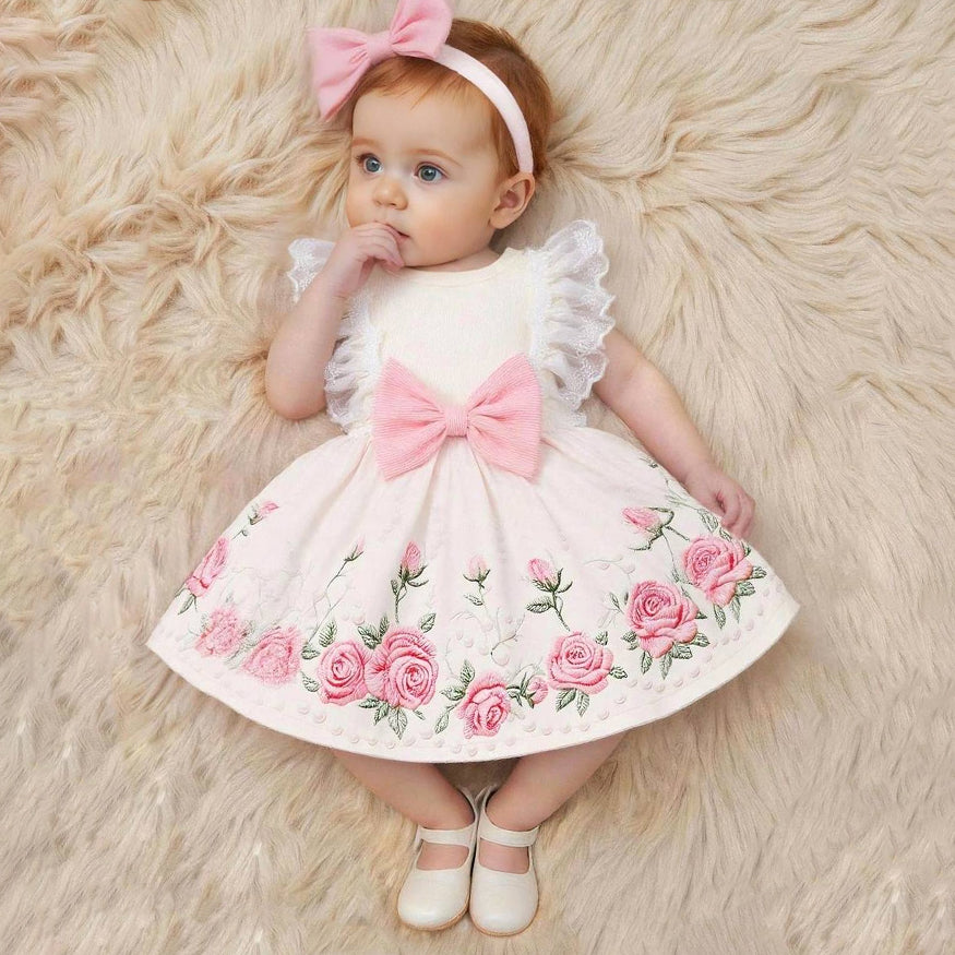 2PCS Adorable Floral Printed Flutter Sleeve Baby Dress