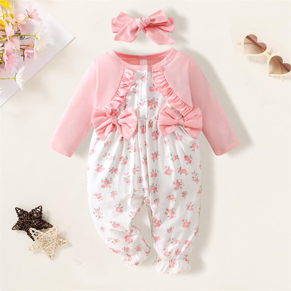 2PCS Sweet Floral Print Bow Decoration Baby Jumpsuit