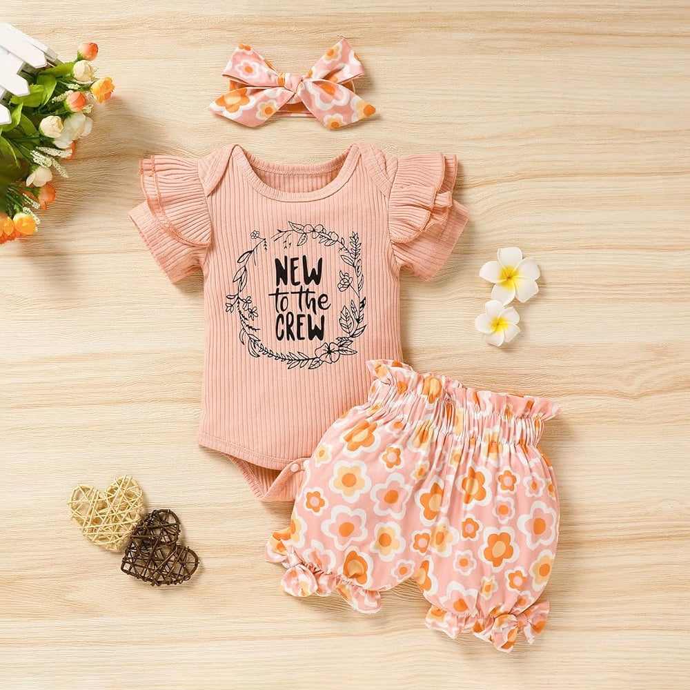 3PCS New To The Crew Letter Floral Print Baby Set