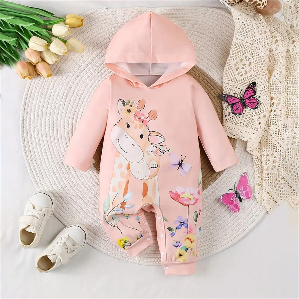 Cute Casual Animal Print Long Sleeve Baby Hooded Jumpsuit