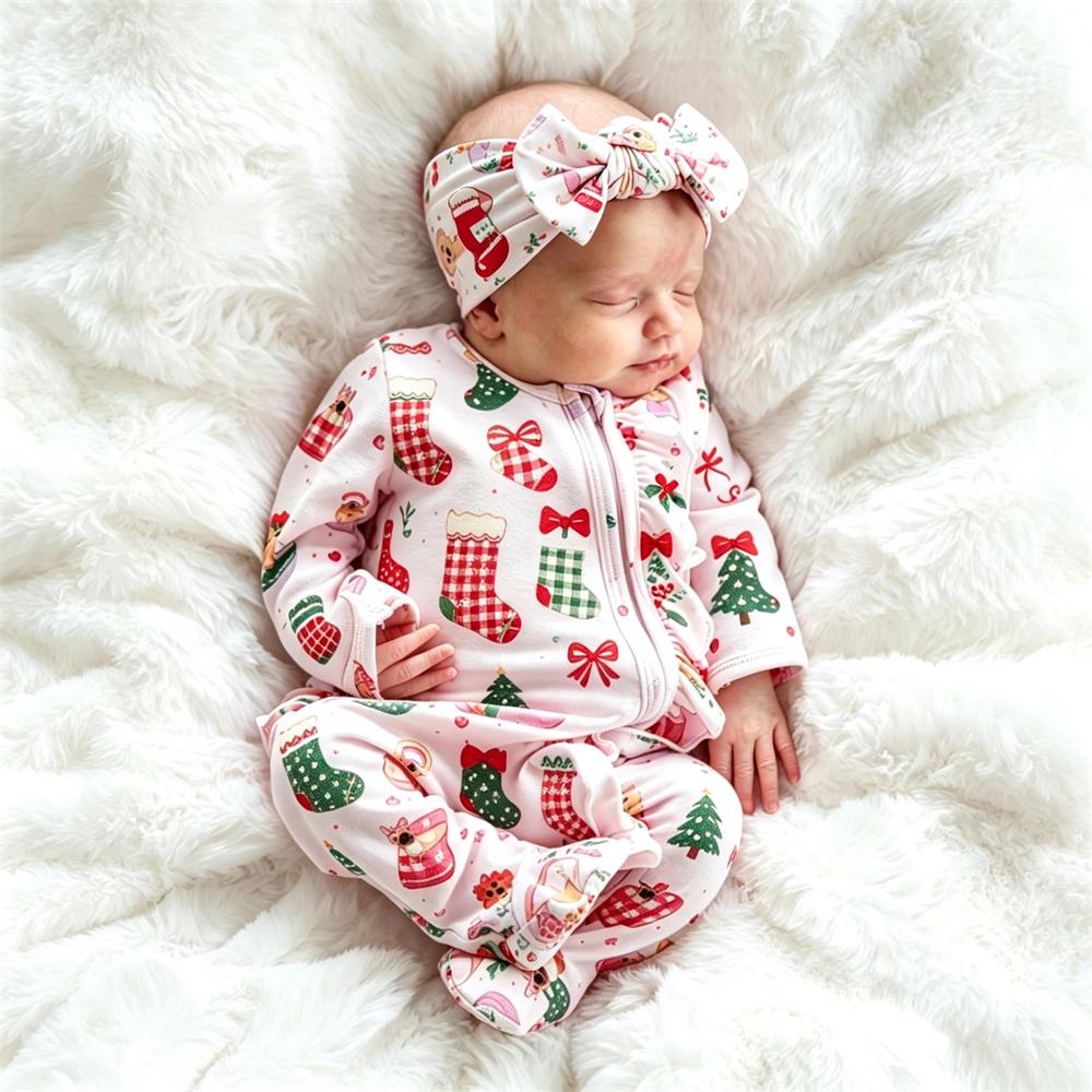2PCS Lovely Christmas Stocking Printed Zipper Baby Jumpsuit