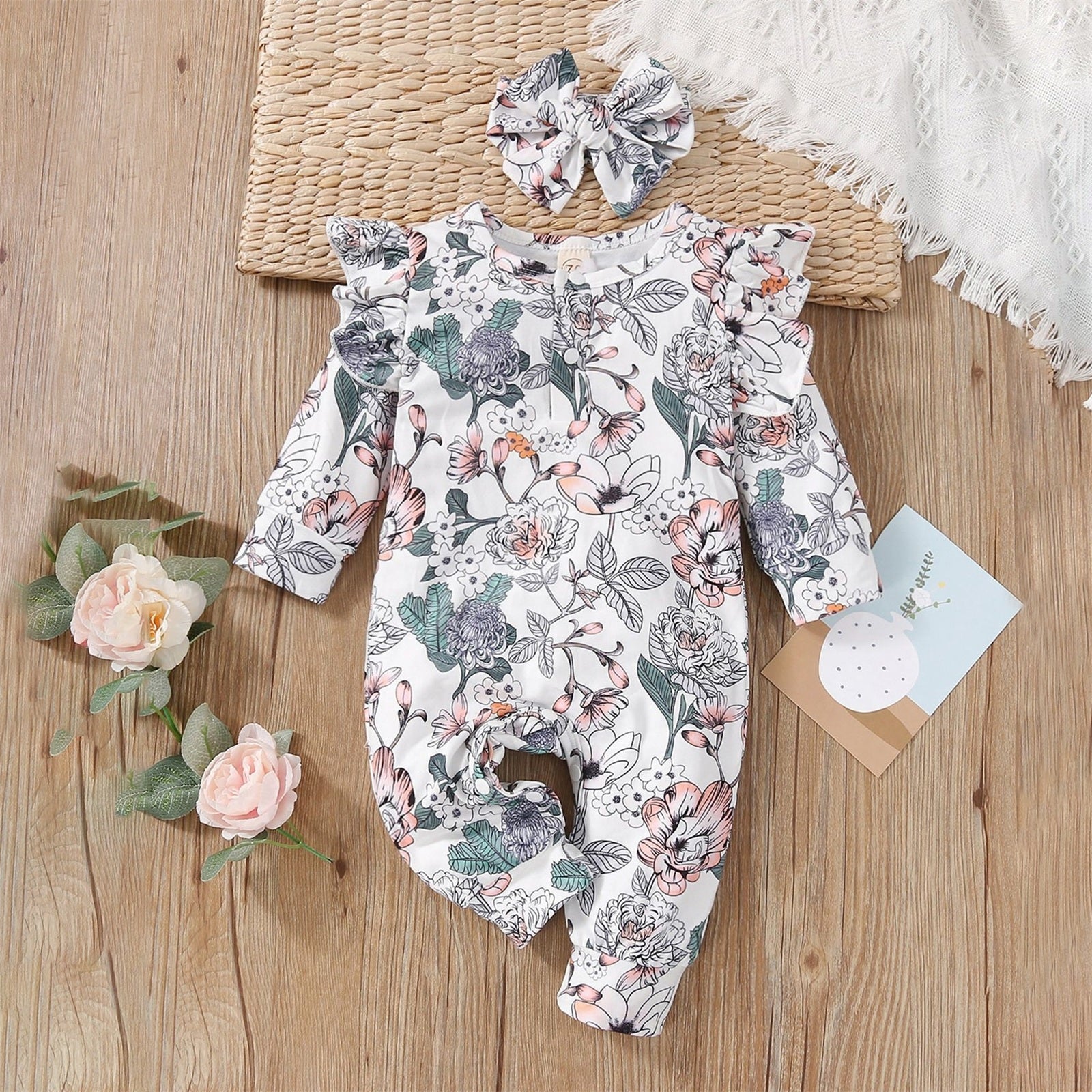 2PCS Adorable Floral Print Long Sleeve Baby Jumpsuit