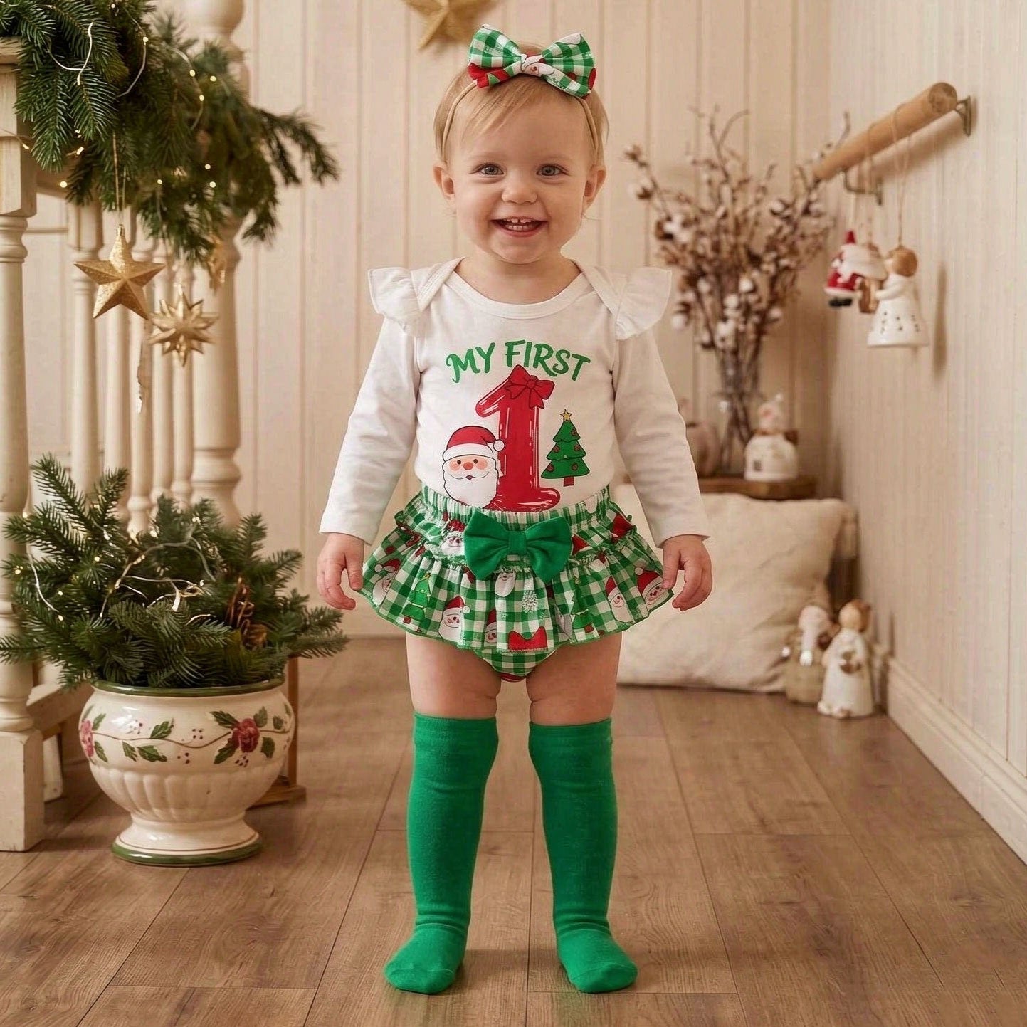 4PCS My First Christmas Letter Plaid Santa Claus Print Baby Set