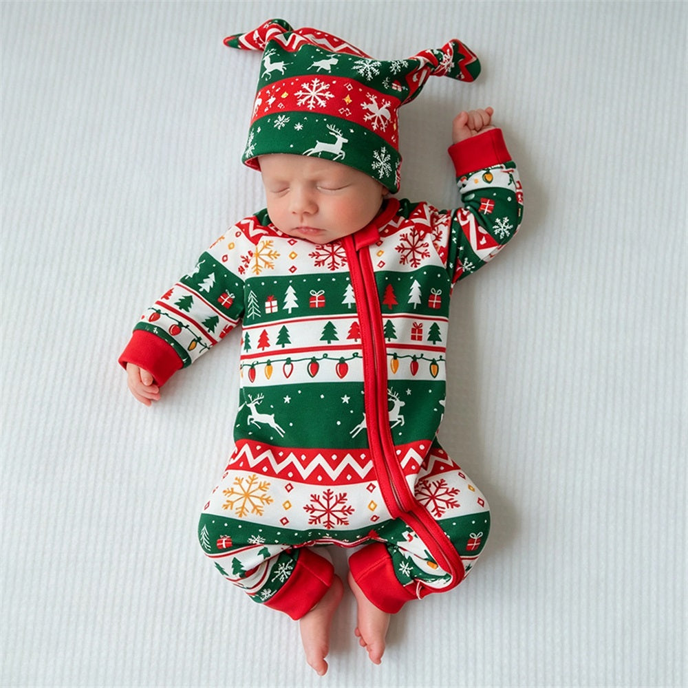 2PCS Christmas Print Long Sleeve Baby Zipper Jumpsuit