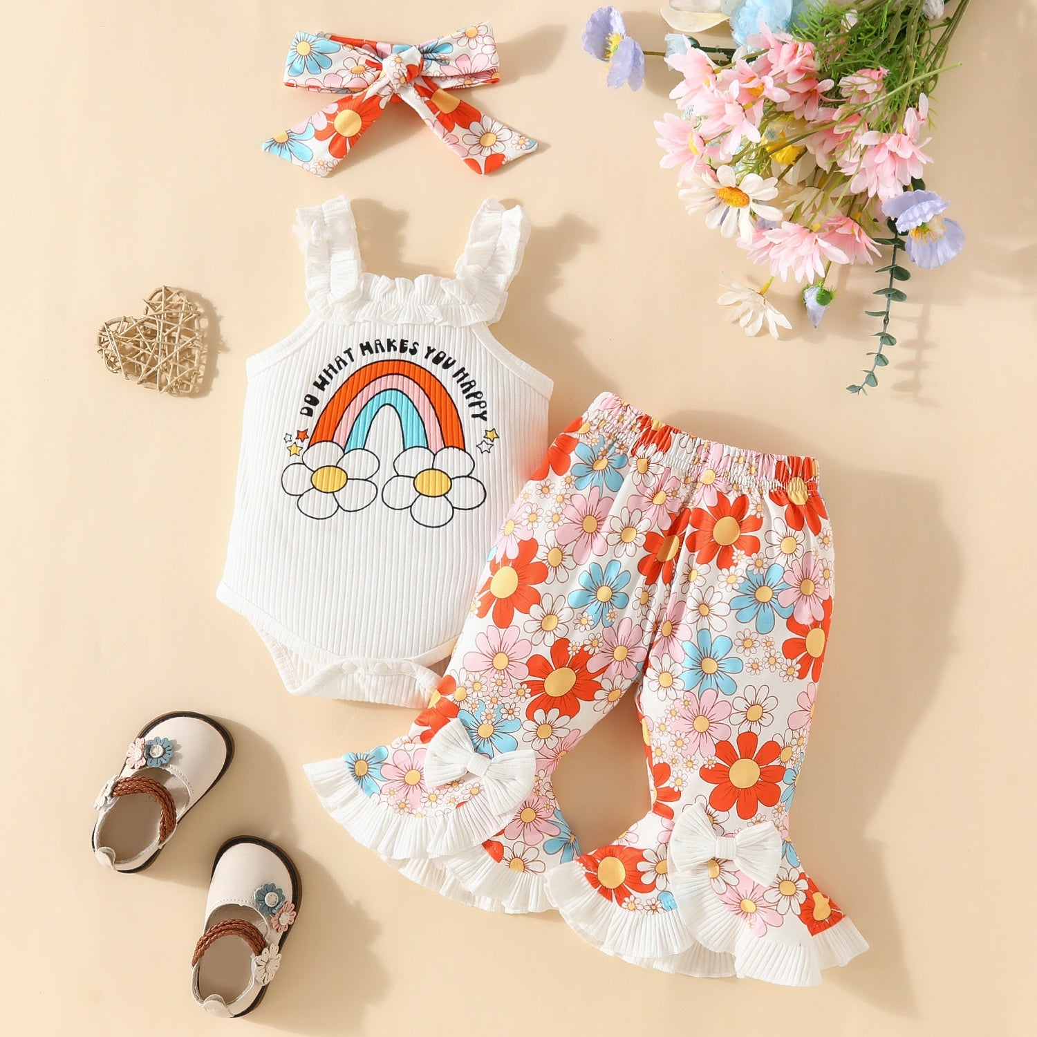 3PCS Happy Phrase Rainbow & Floral Print Sleeveless Baby Set