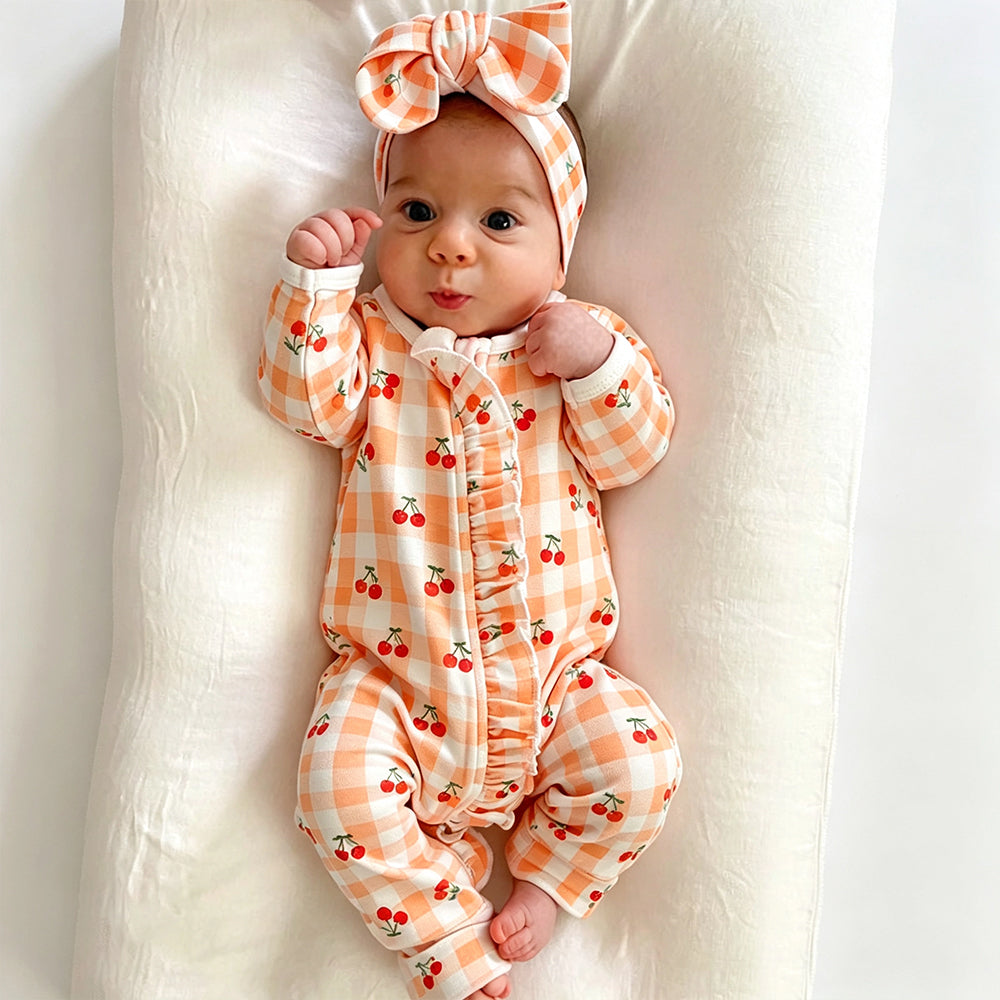 2PCS Cherry Plaid Printed Ruffle Zipper Long Sleeve Baby Jumpsuit