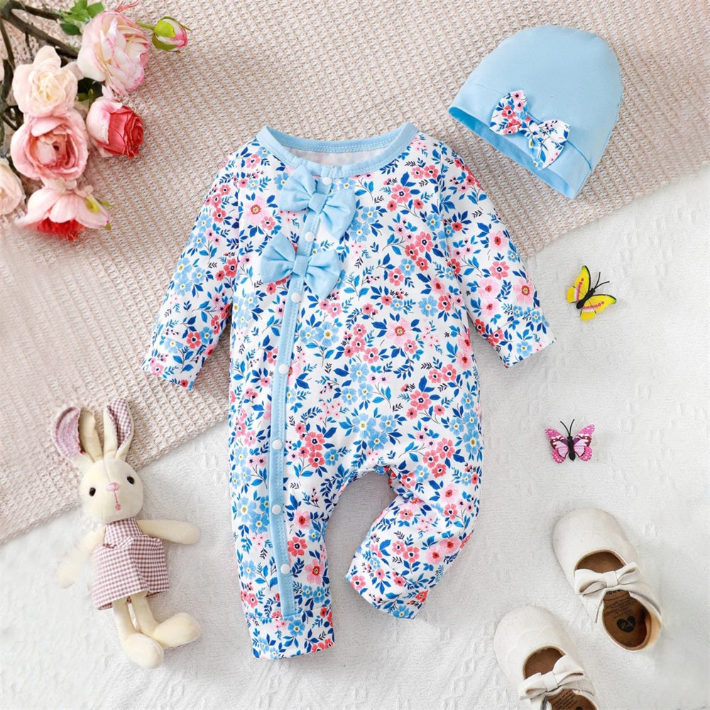 2PCS Trendy Floral Print Bow Long Sleeve Baby Jumpsuit