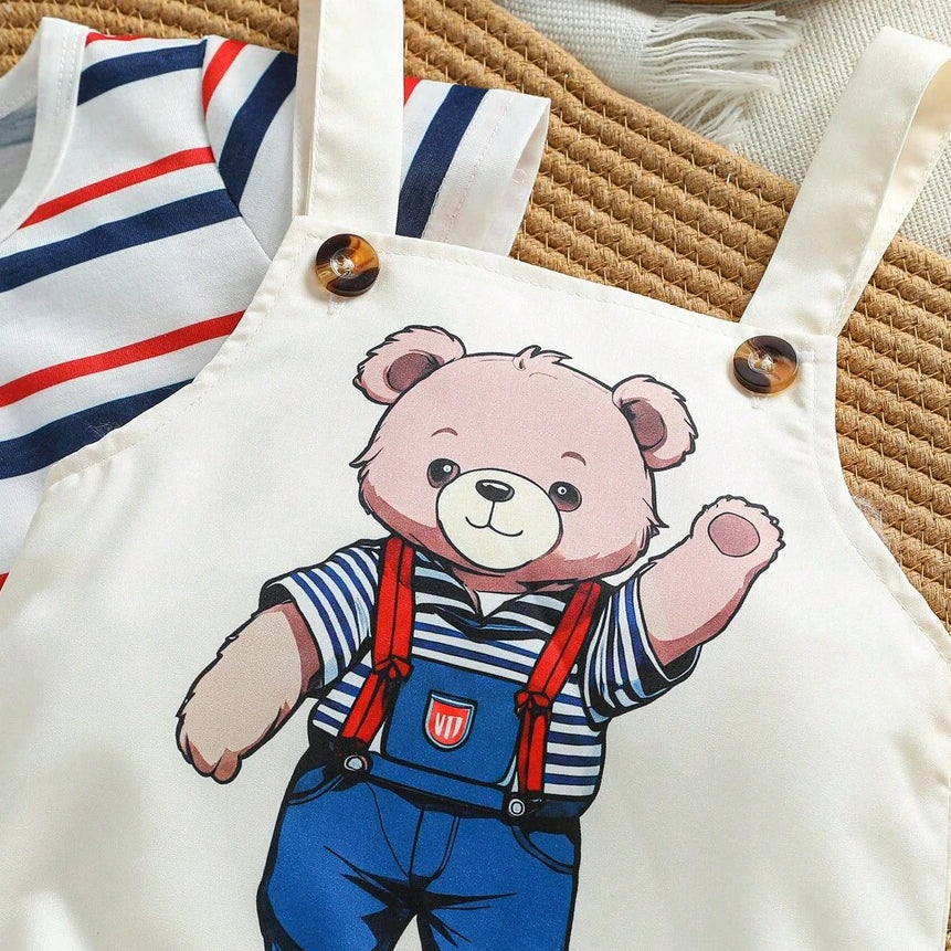 2PCS Adorable Bear Stripe Print Overalls Baby Set