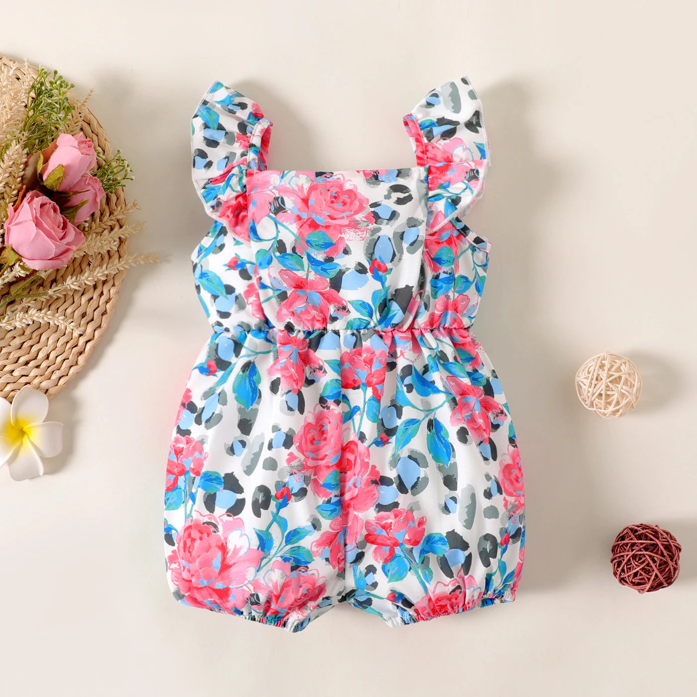 Romantic Floral Printed Flounce Sleeve Baby Jumpsuit