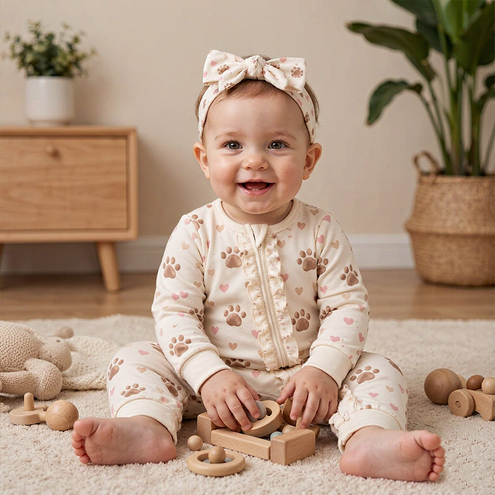 2PCS Baby Girl Paw Heart Print Ruffle Long Sleeve Zipper Jumpsuit