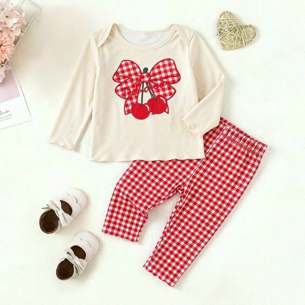 2PCS Lovely Bow Cherry and Plaid Print Long Sleeve Baby Girl Set
