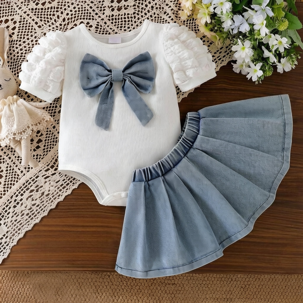 2PCS Pure Bowknot Decor Short Sleeve Denim Baby Set