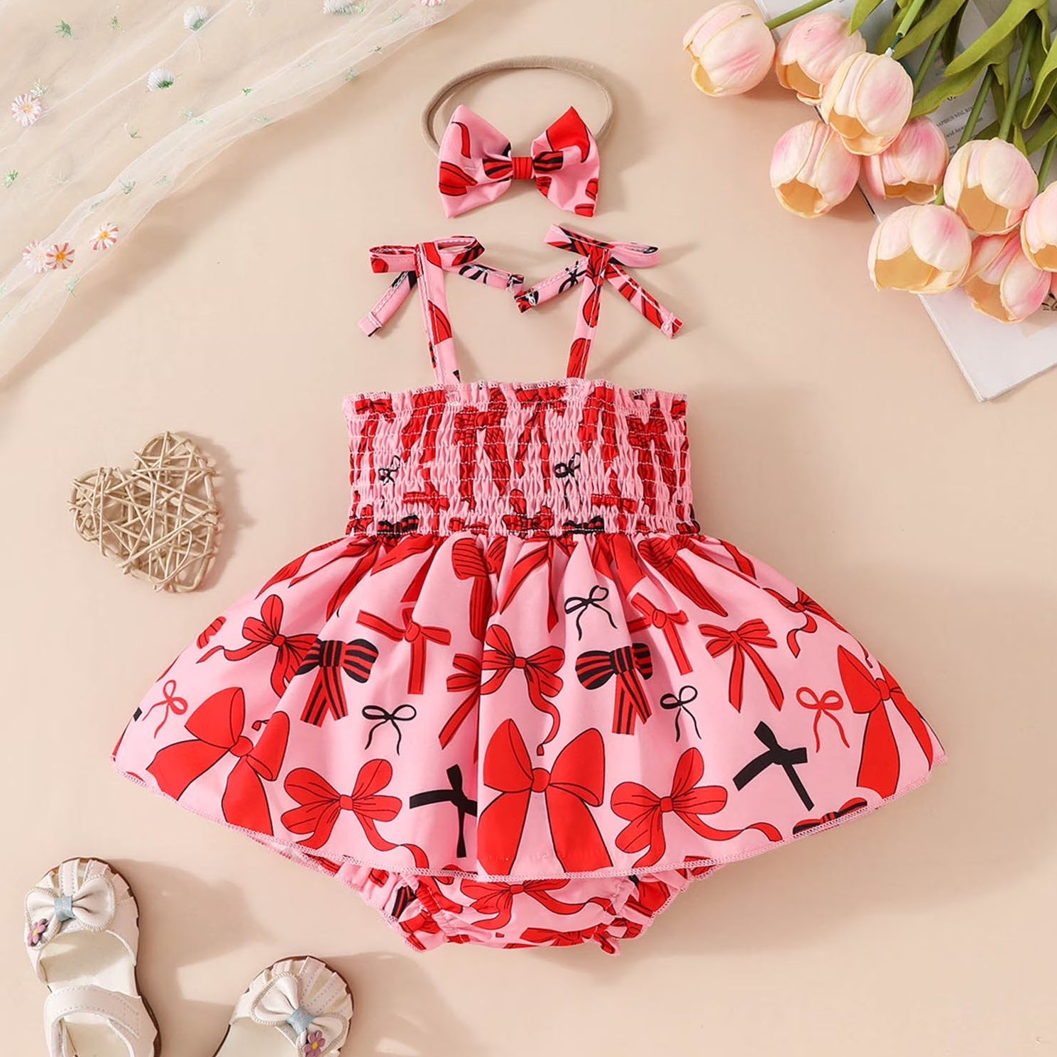 2PCS Vibrant Bow Print Sleeveless Baby Romper