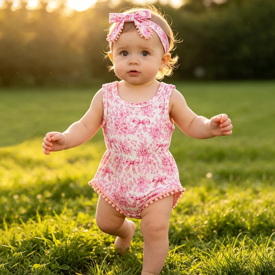 2PCS Grace Bow & Floral Printed Sleeveless Baby Romper