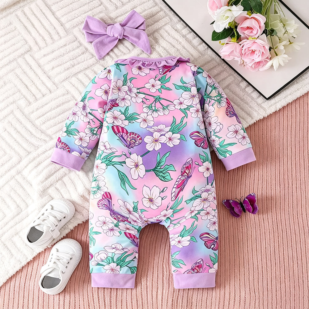 2PCS Dreamy Butterfly Floral Print Ruffle Baby Girl Jumpsuit
