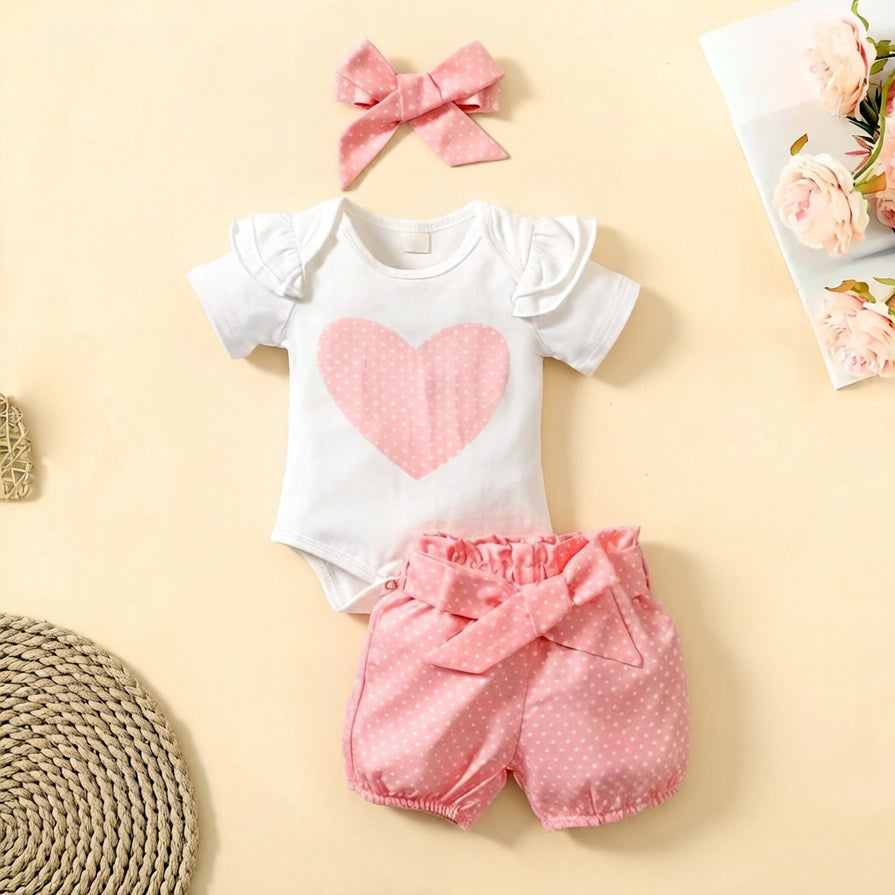 3PCS Pretty Heart & Polka Dots Print Short Sleeve Baby Set