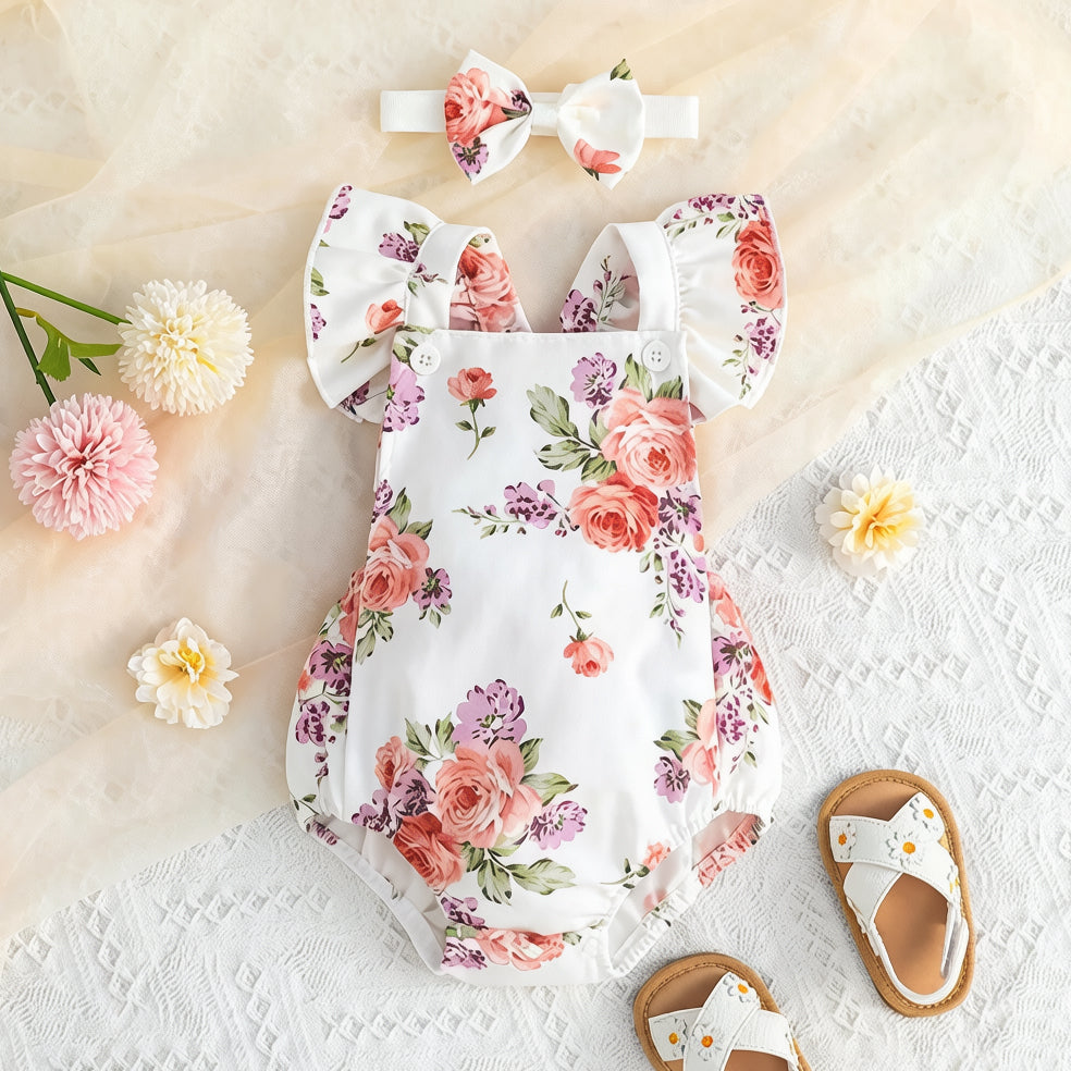 2PCS Elegant Floral Print Flutter Sleeve Baby Romper