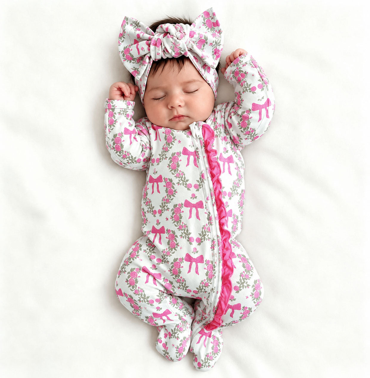 2PCS Graceful Bow Floral Printed Ruffle Zipper Long Sleeve Baby Jumpsuit