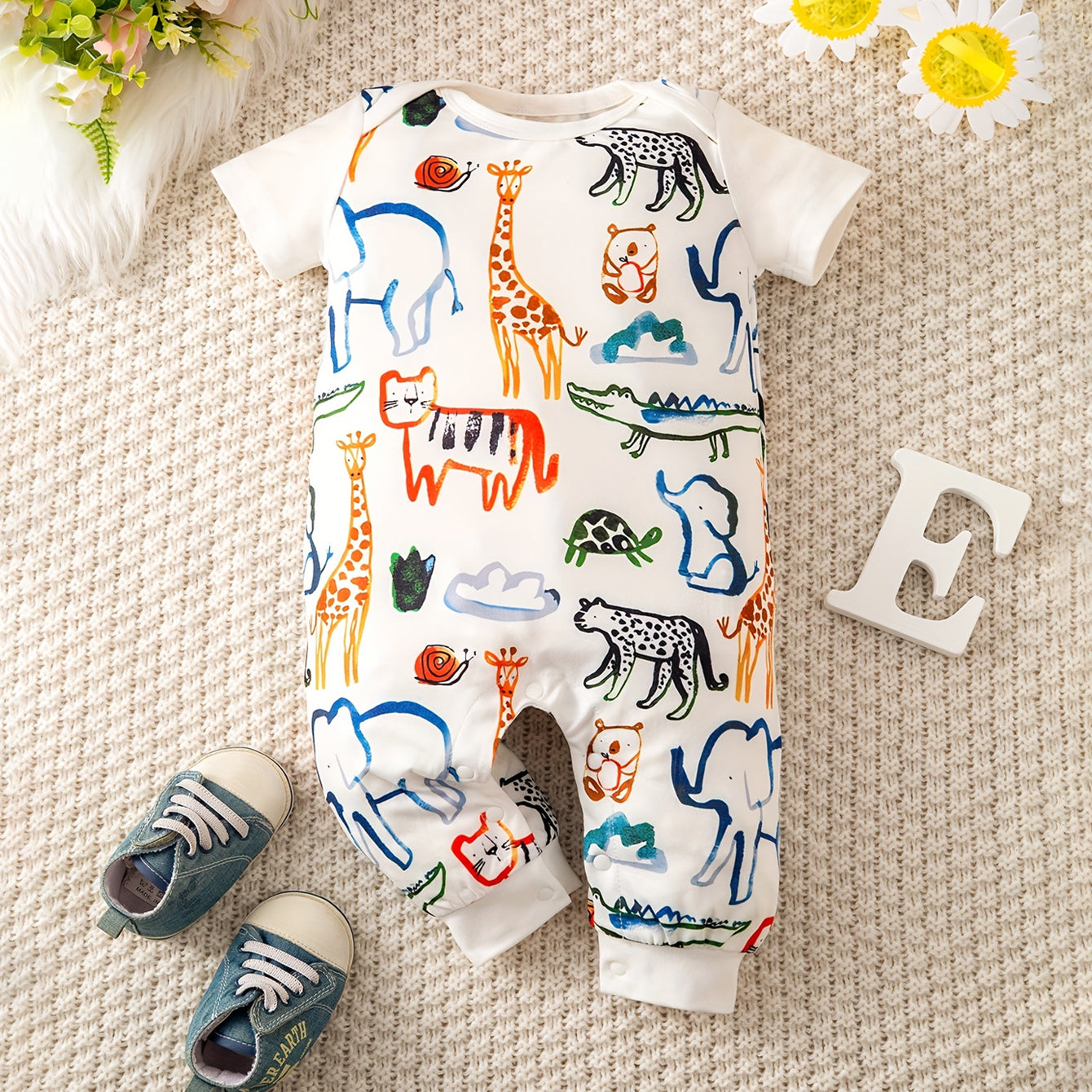Cute Animal Graffiti Printed Short Sleeve Baby Jumpsuit