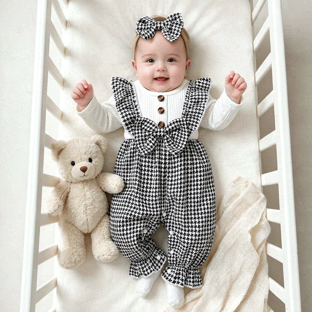 2PCS Chic Houndstooth Print Bow Long Sleeve Baby Girl Jumpsuit