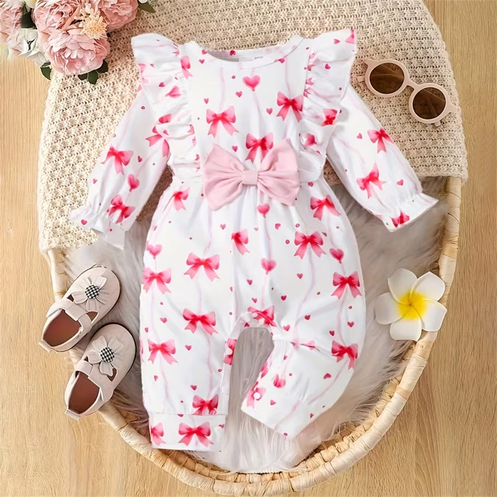 Fashion Bow Print Ruffle Trim Long Sleeve Baby Jumpsuit