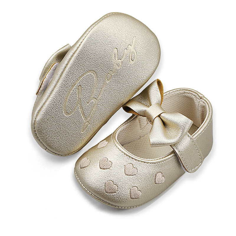Embroidered Heart Bow Soft Sole Baby Prewalker Shoes
