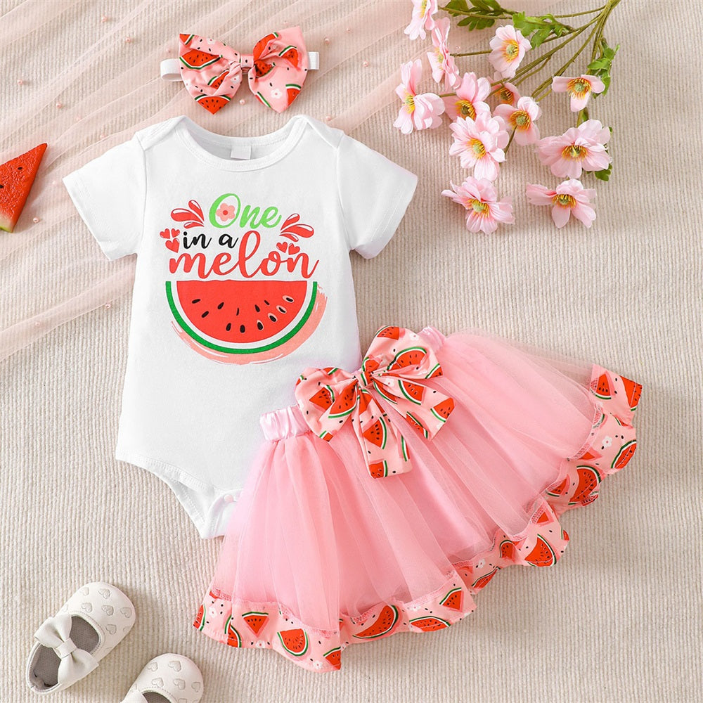 3PCS One in A Melon Letter Print Short Sleeve Baby Skirt Set