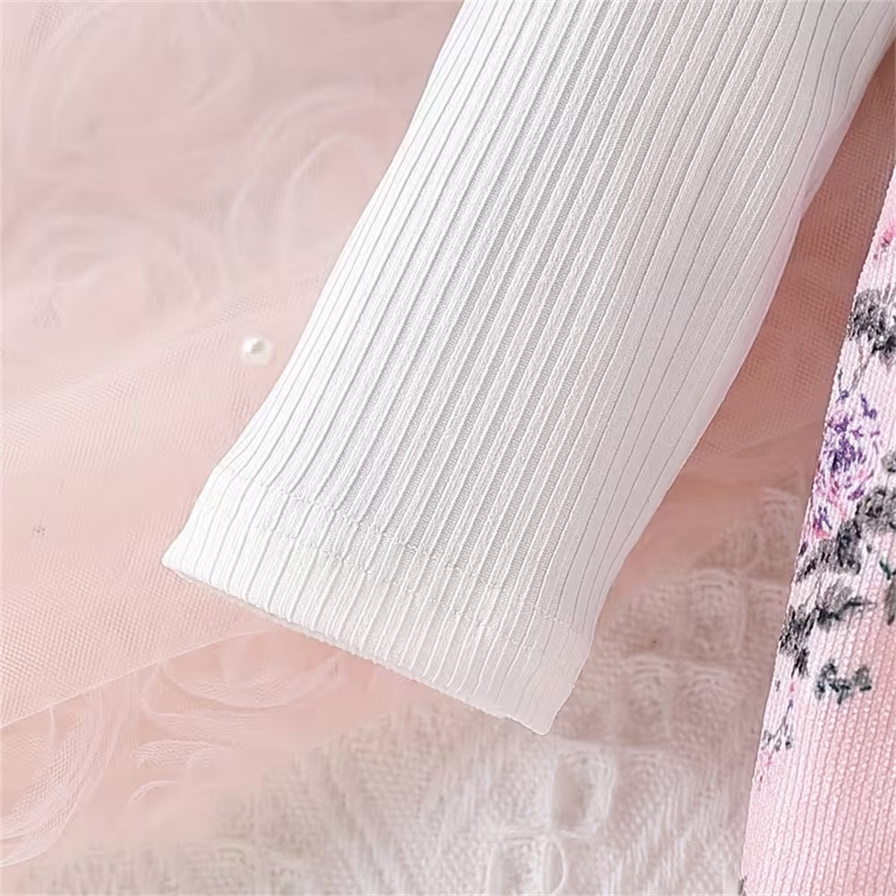 2PCS Sweet Floral Printed Bow Decoration Long Sleeve Baby Jumpsuit