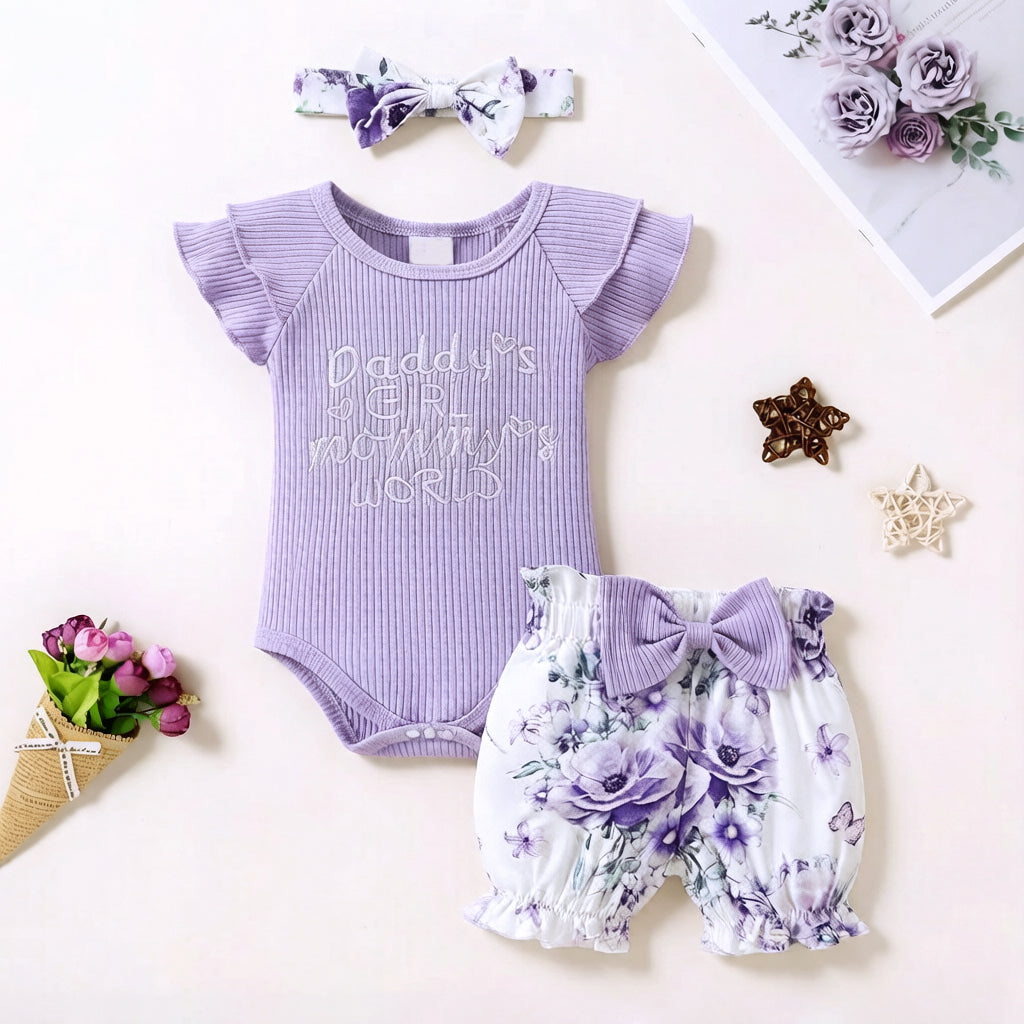 3PCS Daddy's Girl Mommy's World Letter Floral Print Ruffle Baby Set