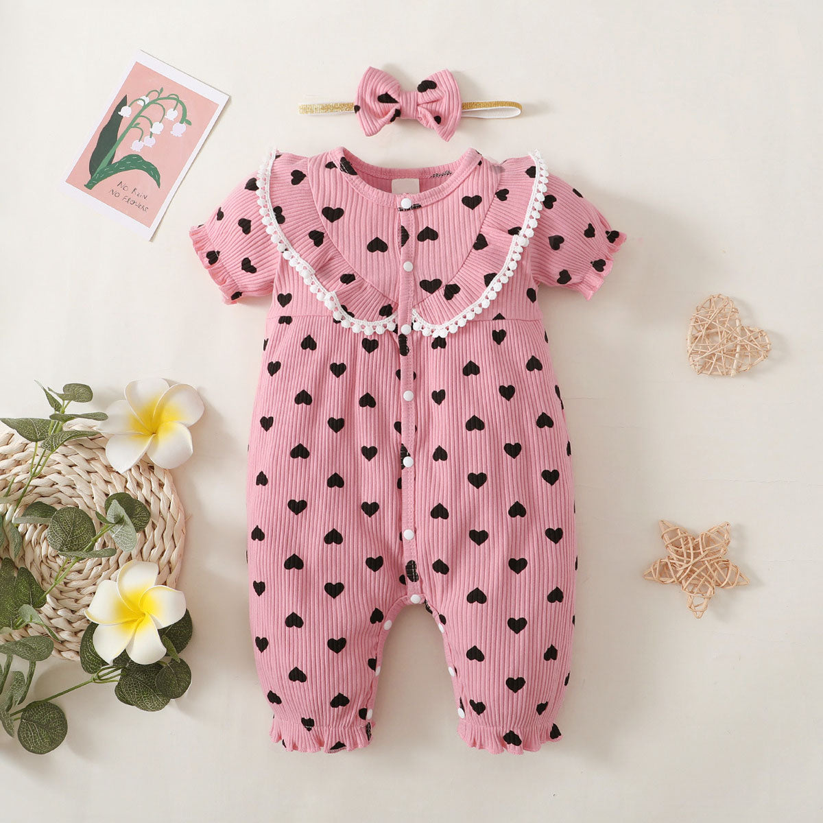2PCS Lovely Heart Printed Short Sleeve Baby Jumpsuit