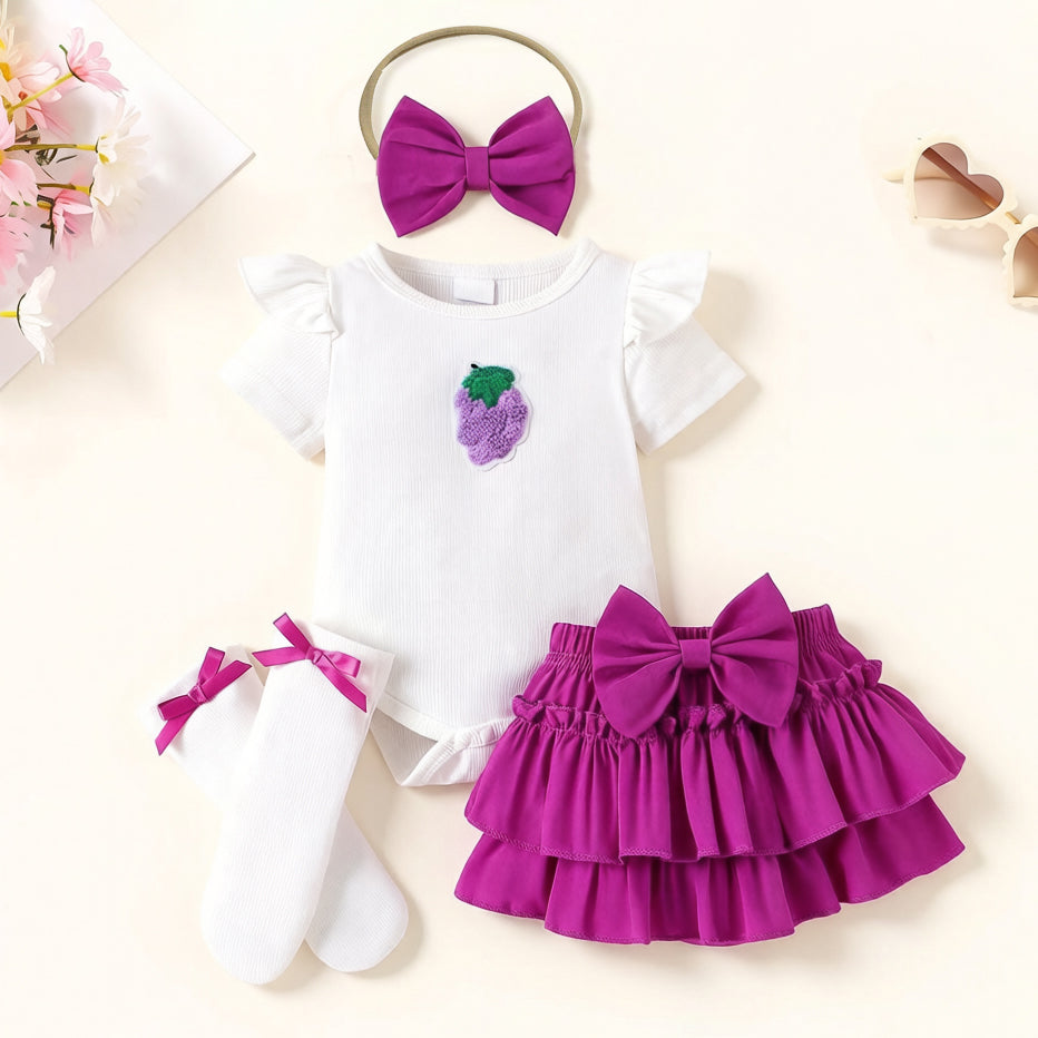 4PCS Cute Grape Appliqué Short Sleeve Baby Girl Set