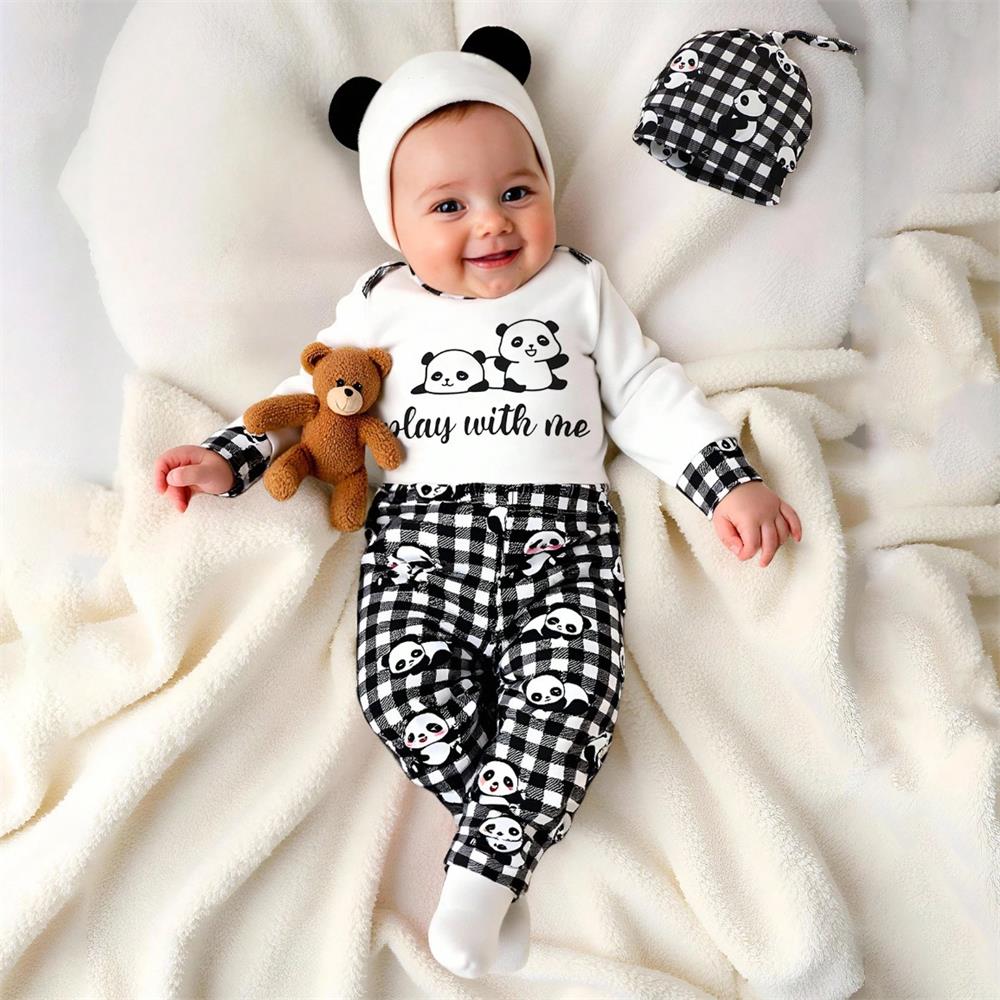 3PCS Play with Me Letter Panda Print Plaid Long Sleeve Baby Set