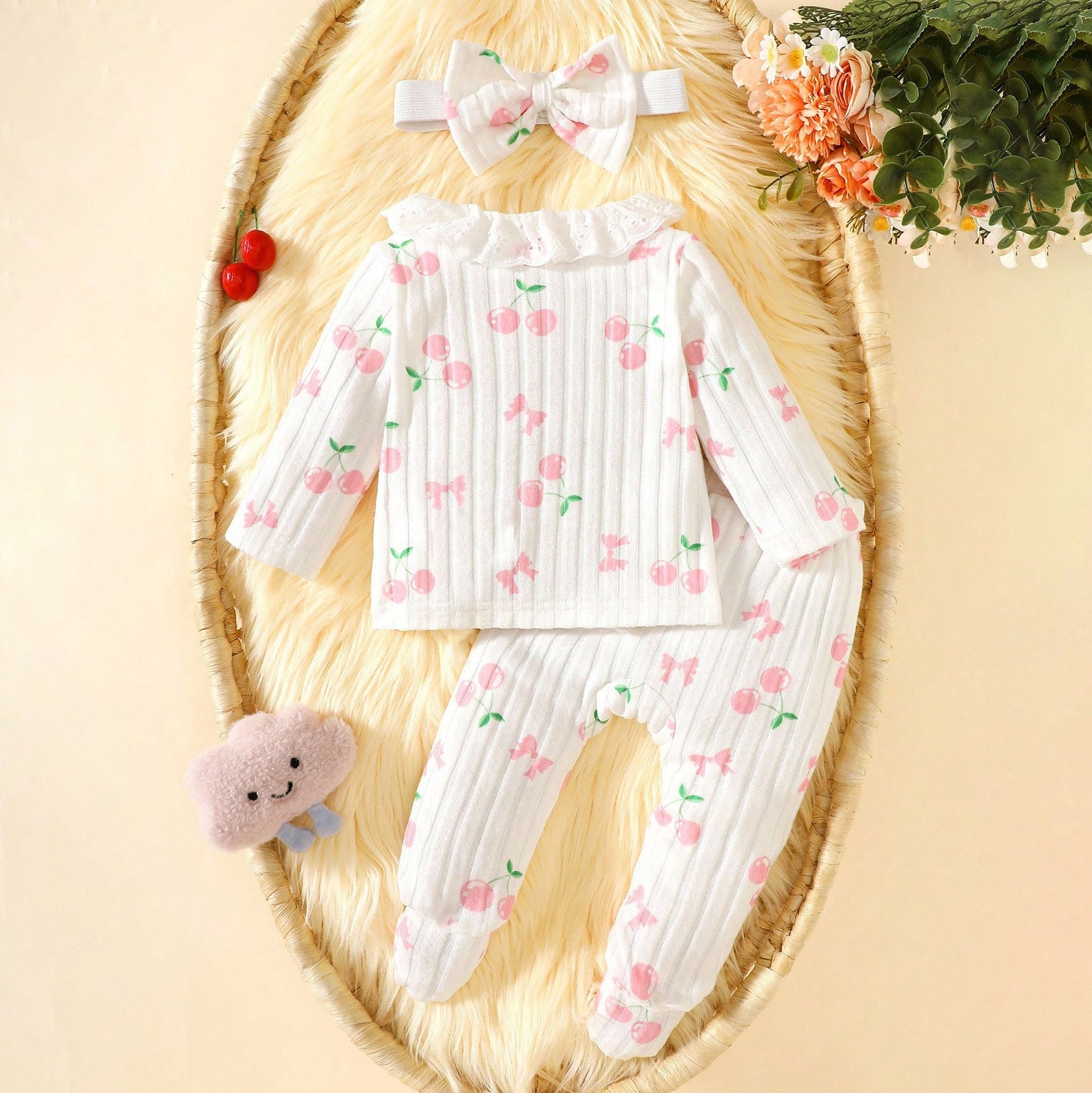 3PCS Cute Cherry Printed Knit Long Sleeve Baby Set
