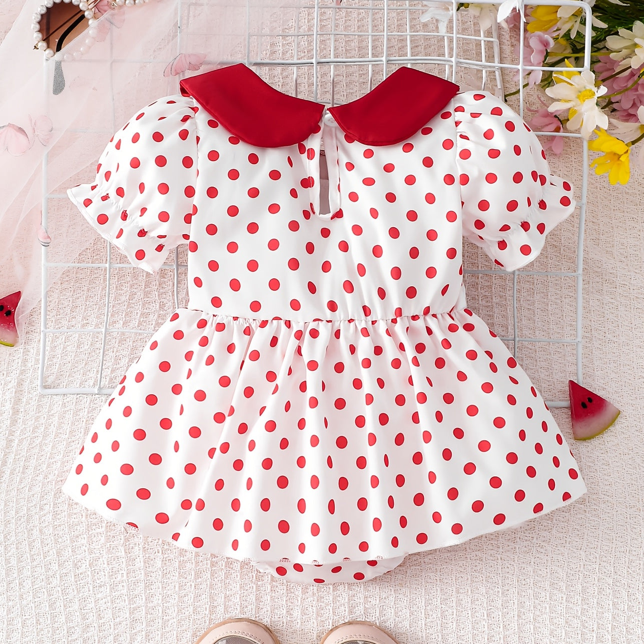 Watermelon Appliqué & Polka Dots Printed Short Sleeve Baby Romper