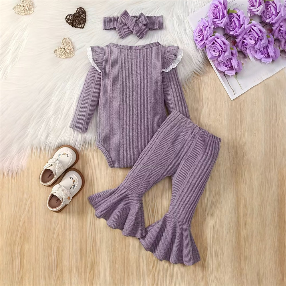 3PCS Elegant Solid Color Long Sleeve Baby Set