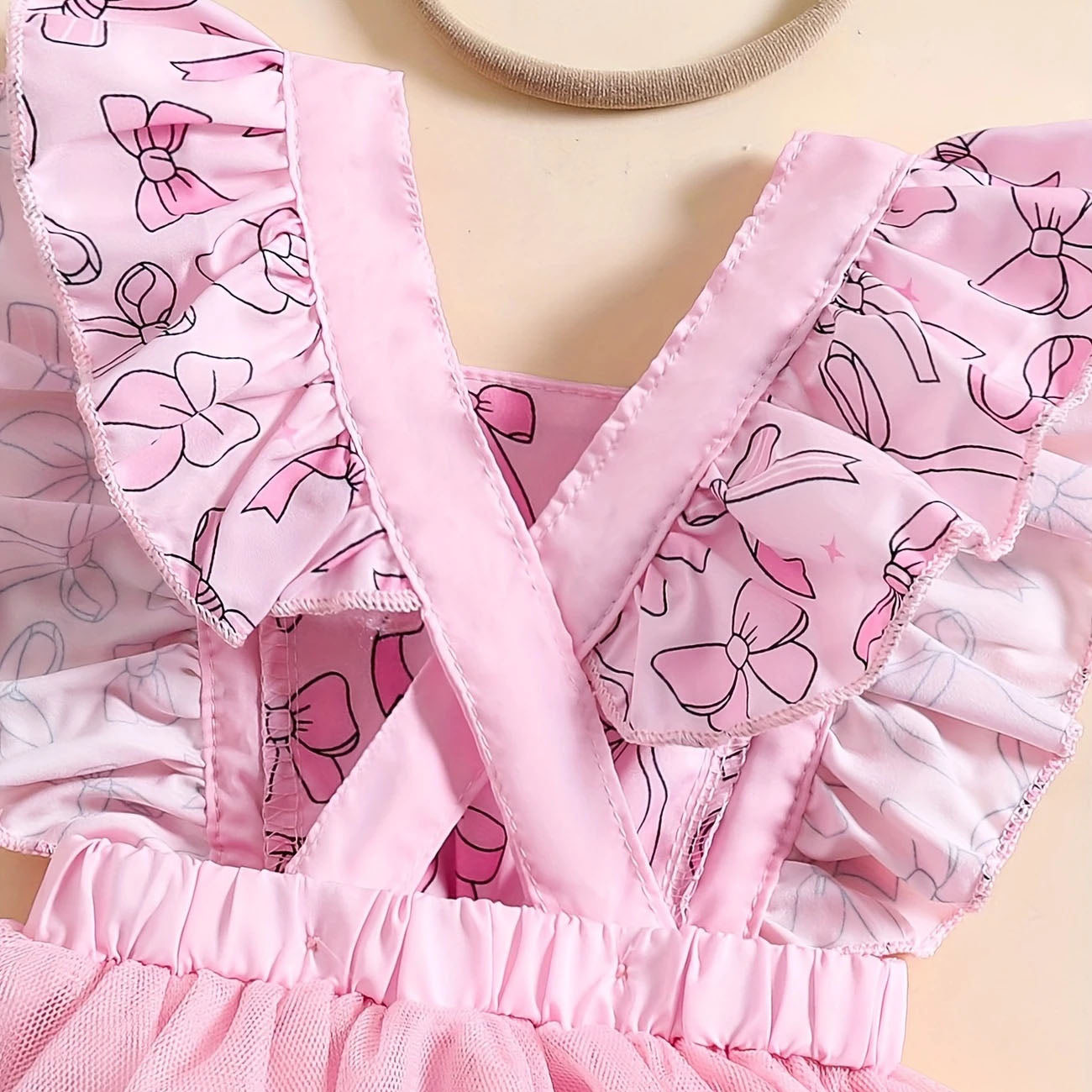 2PCS Cute Bow Printed Tulle Patchwork Baby Romper