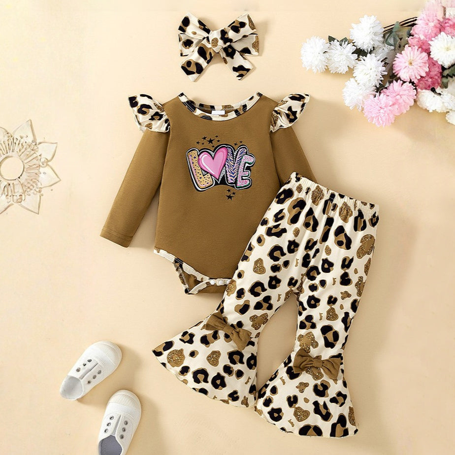 3PCS LOVE Letter Print Leopard Long Sleeve Baby Set