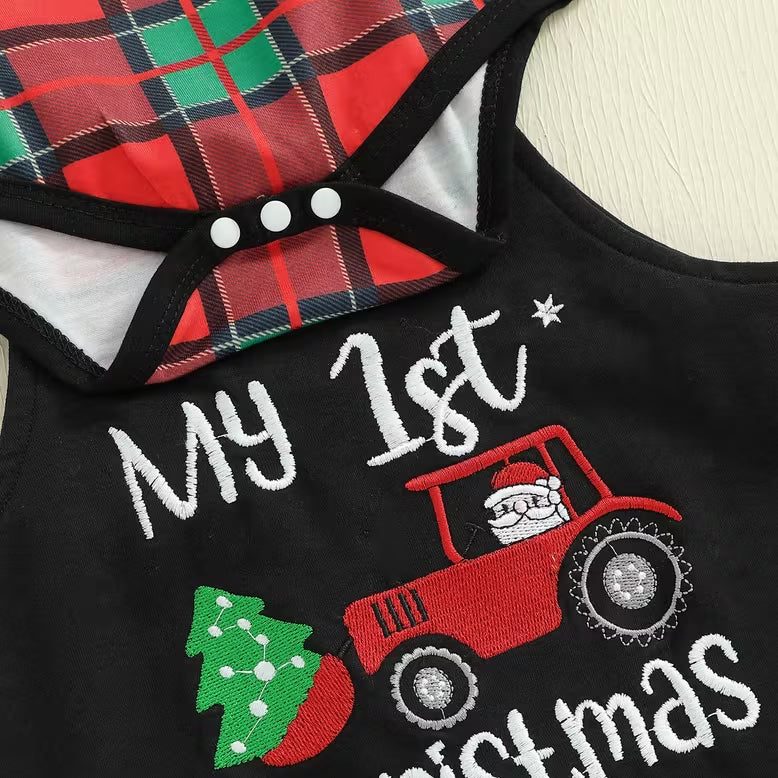 3PCS Letter Embroidered Santa Plaid Print Baby Boy Overalls Set