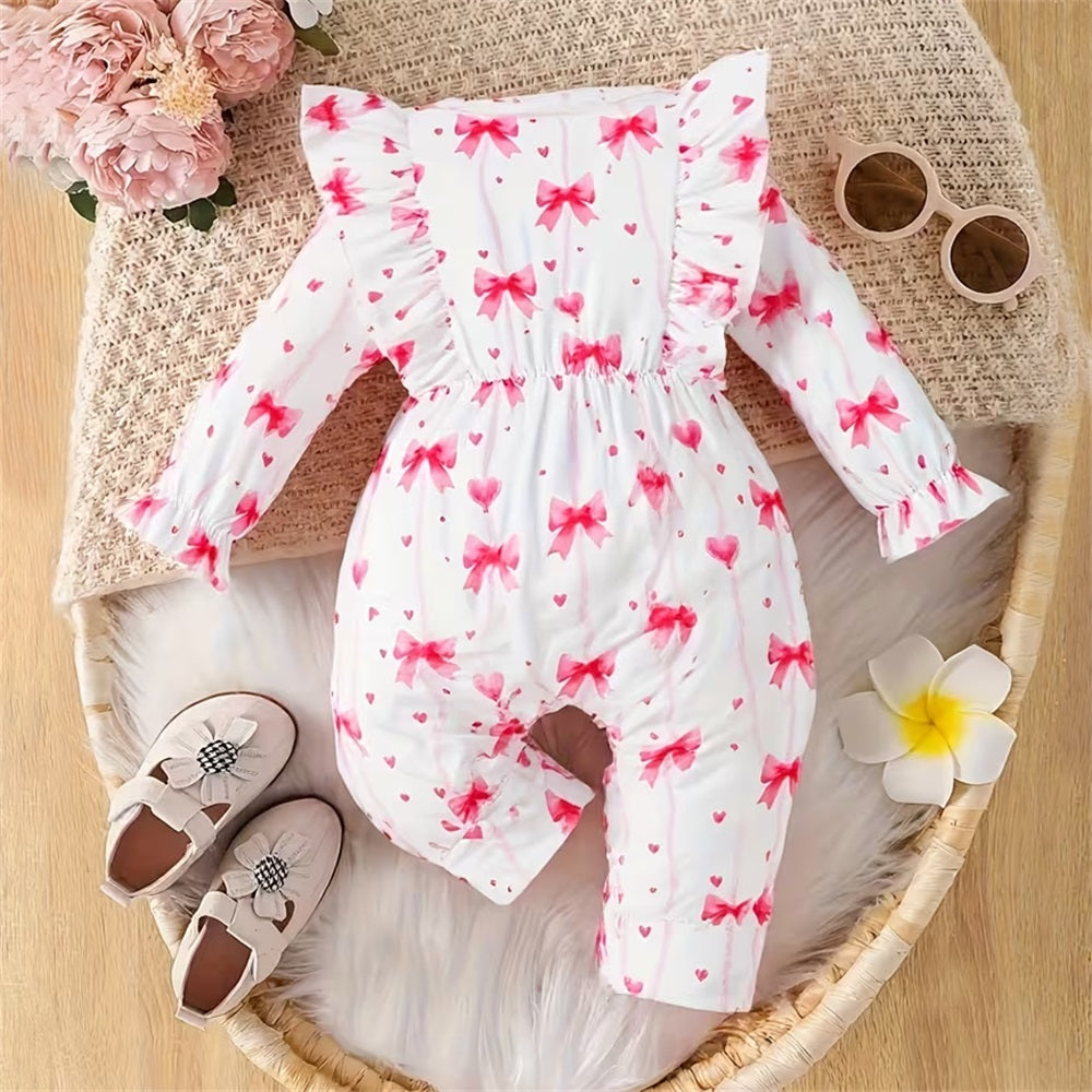Fashion Bow Print Ruffle Trim Long Sleeve Baby Jumpsuit