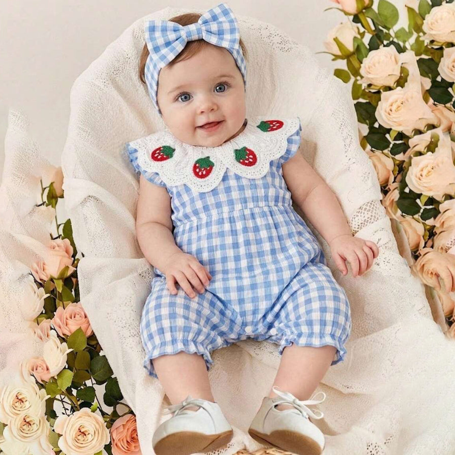 Strawberry Embroidery Plaid Print Flutter Sleeve Baby Jumpsuit