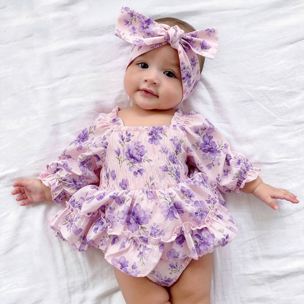2PCS Charming Floral Printed Long Sleeve Baby Girl Romper