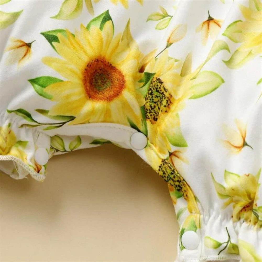Charming Sunflower Print Flutter Sleeve Baby Jumpsuit