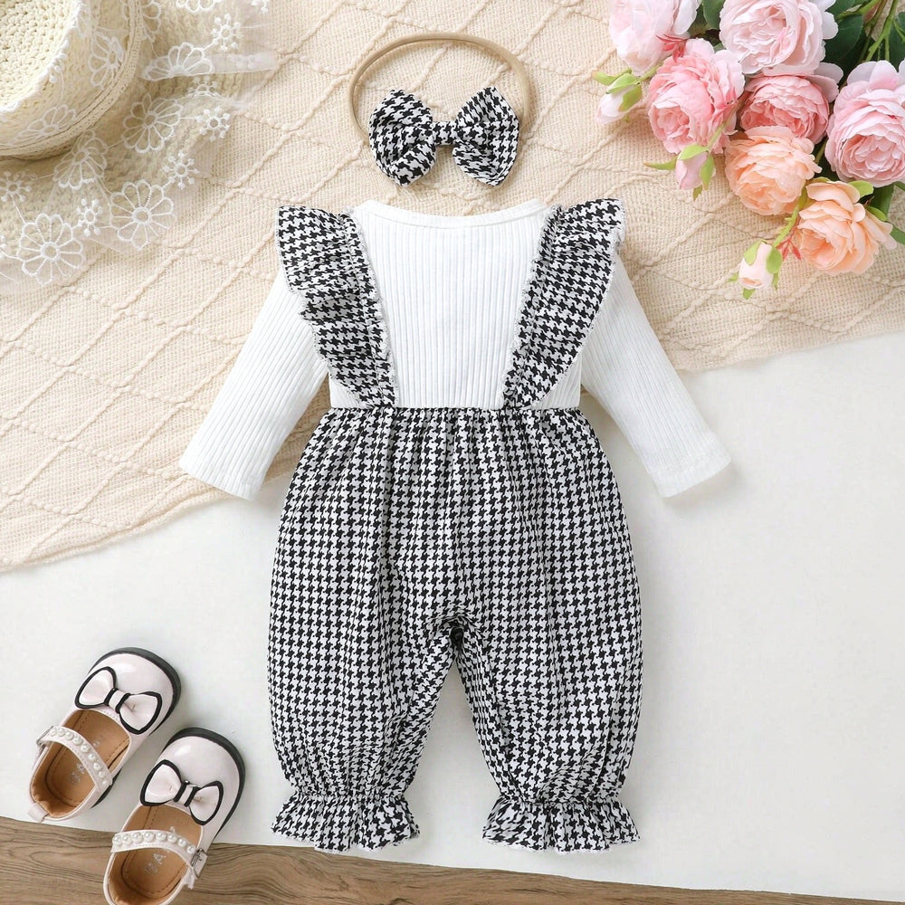 2PCS Chic Houndstooth Print Bow Long Sleeve Baby Girl Jumpsuit