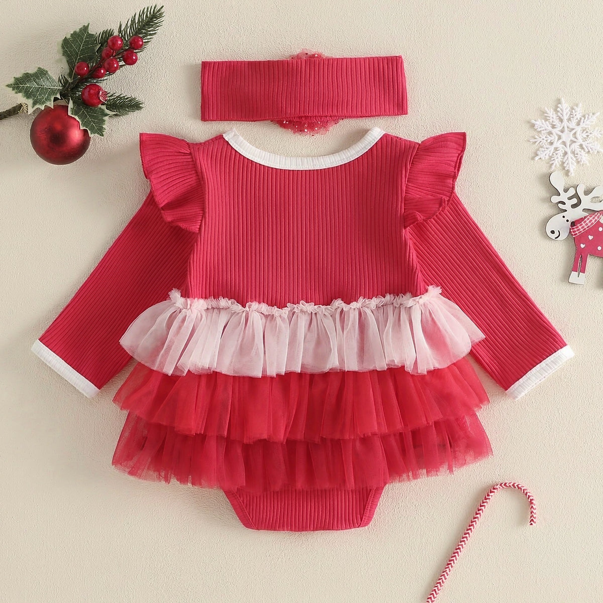 2PCS Baby Girl Reindeer Applique Long Sleeve Christmas Tulle Romper