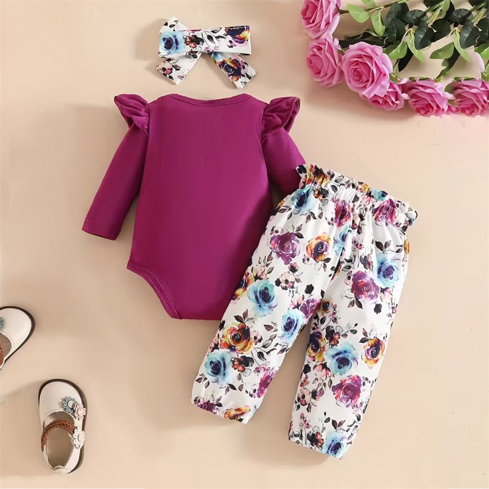 3PCS Little Miss Sassy Pants Letter Floral Print Long Sleeve Baby Set