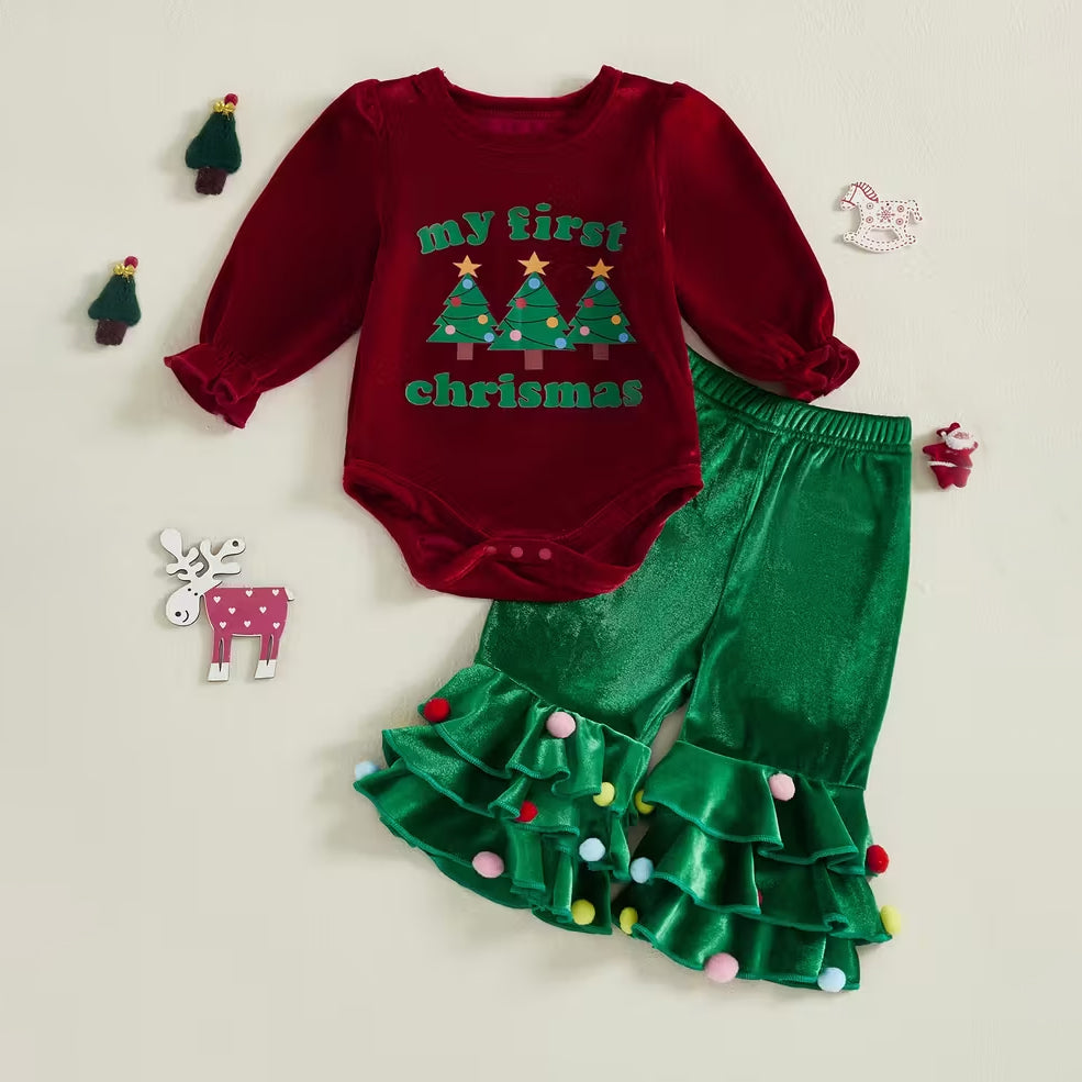 2PCS My First Christmas Tree Letter Printed Velvet Baby Set