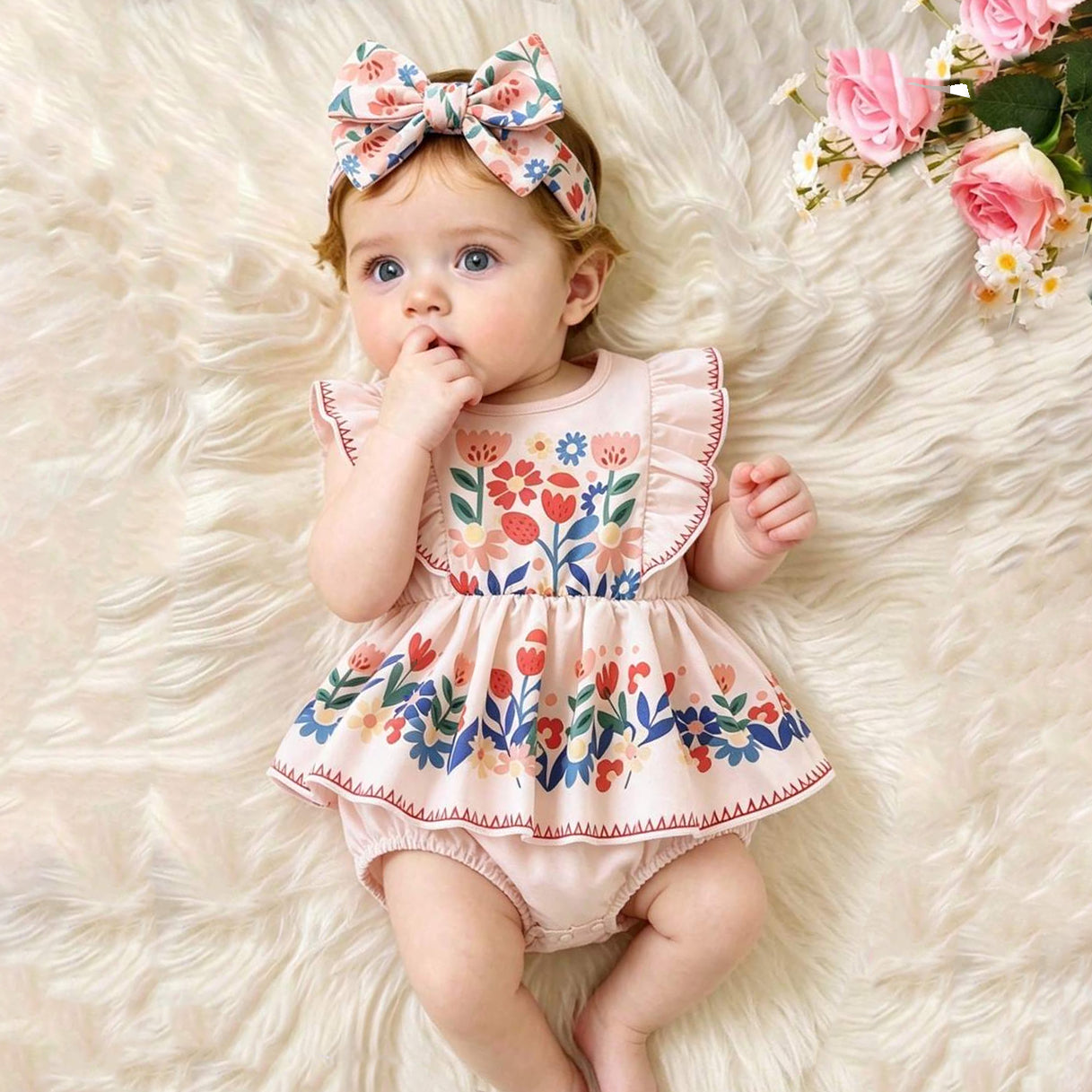 2PCS Whimsical Floral Print Flutter Sleeve Baby Romper